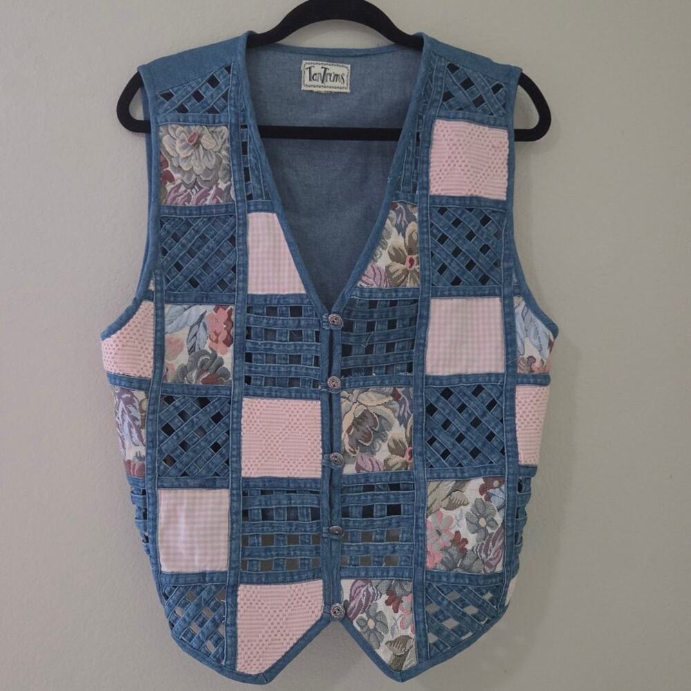 Vintage Tantrums Patchwork Denim Vest Floral Gingham Woven Granny Boho